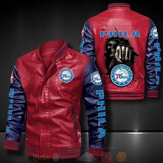 Basketball Philadelphia 76ers Red Navy Blue Skull Leather Bomber Jacket