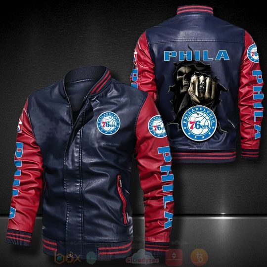 Basketball Philadelphia 76ers Navy Blue Red Skull Leather Bomber Jacket