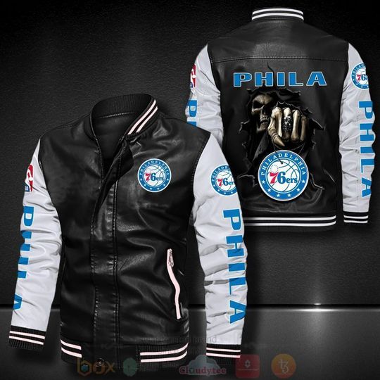 Discover Basketball Philadelphia 76ers Black White Skull Leather Bomber Jacket