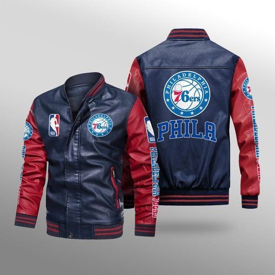 Discover Basketball Philadelphia 76ers Navy Blue Red Leather Bomber Jacket