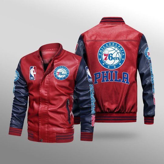 Basketball Philadelphia 76ers Red Navy Blue Leather Bomber Jacket