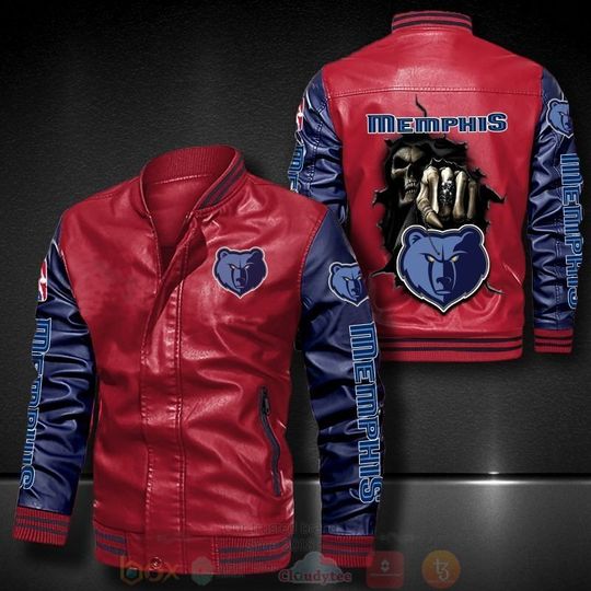 Discover Basketball Memphis Grizzlies Red Navy Blue Skull Leather Bomber Jacket