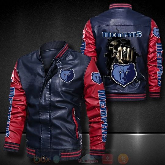 Discover Basketball Memphis Grizzlies Navy Blue Red Skull Leather Bomber Jacket