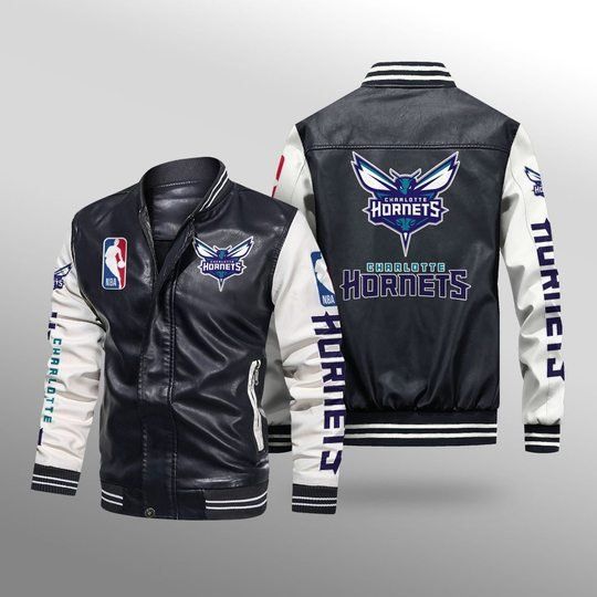 Discover Basketball Charlotte Hornets Black White Leather Bomber Jacket