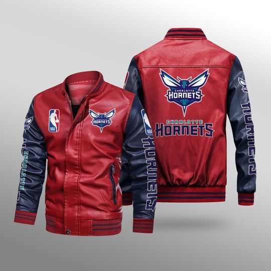 Discover Basketball Charlotte Hornets Red Navy Blue Leather Bomber Jacket