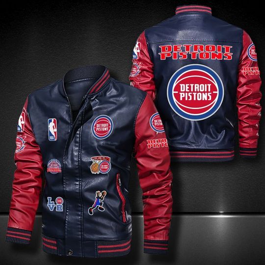 Discover NBA Detroit Pistons Navy Red Logo Team Leather Bomber Jacket