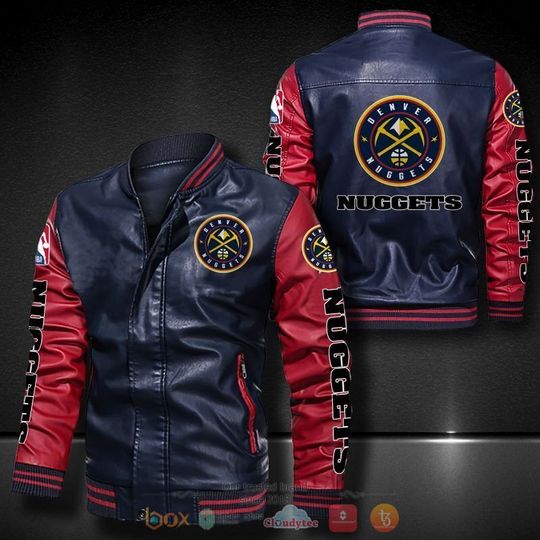 Discover NBA Denver Nuggets Navy Blue Red Logo History Leather Bomber Jacket