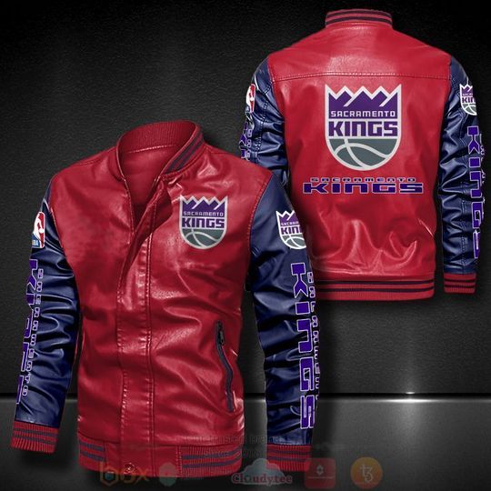 Discover NBA Sacramento Kings Red Navy Blue Logo Love Leather Bomber Jacket