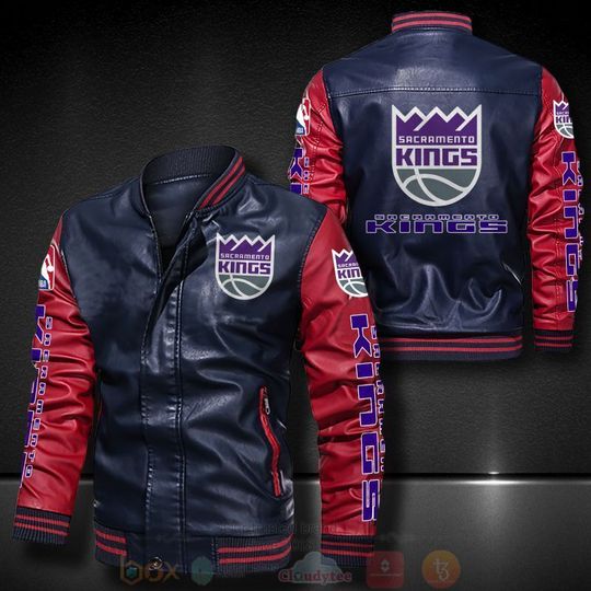 Discover NBA Sacramento Kings Navy Blue Red Leather Bomber Jacket