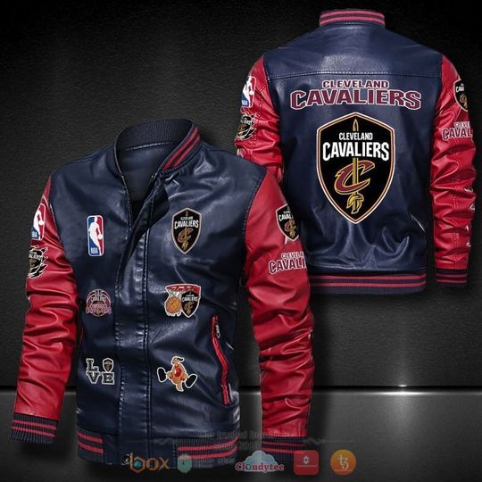 Discover NBA Cleveland Cavaliers Navy Blue Red Logo Team Leather Bomber Jacket