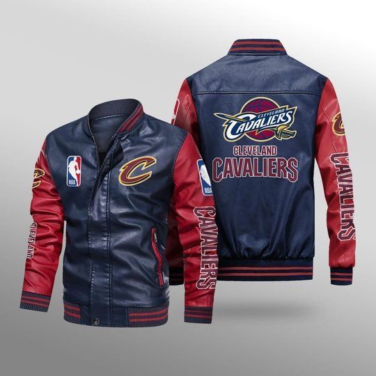 Discover NBA Cleveland Cavaliers Navy Blue Red Leather Bomber Jacket