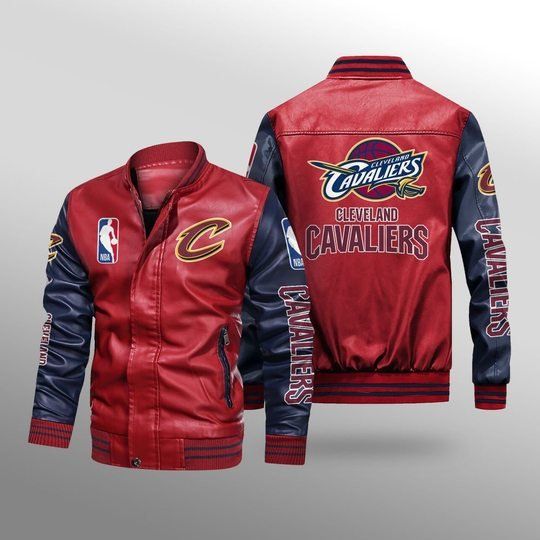 Discover NBA Cleveland Cavaliers Red Navy Blue Leather Bomber Jacket