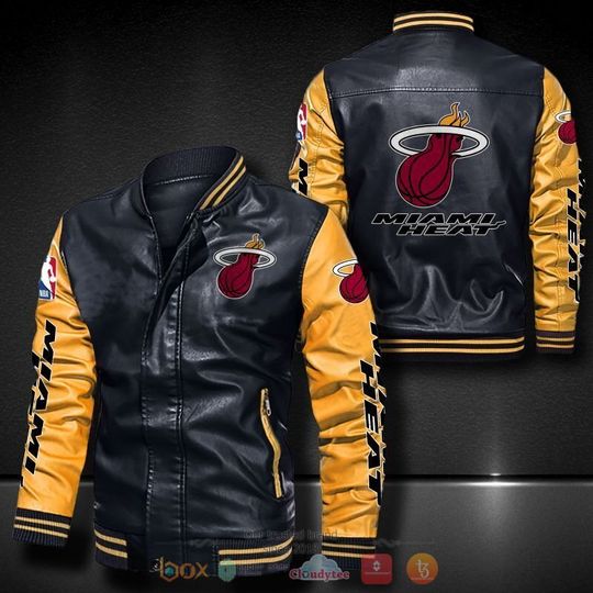 Basketball Miami Heat Black Yellow Logo Team Leather Bomber Jacket