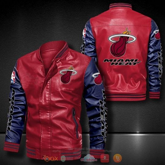 Discover NBA Miami Heat Red Navy Blue Logo Team Leather Bomber Jacket