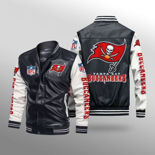 Discover football Tampa Bay Buccaneers Black White Leather Bomber Jacket