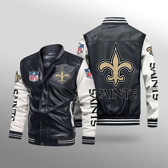 Discover football New Orleans Saints Black White Leather Bomber Jacket