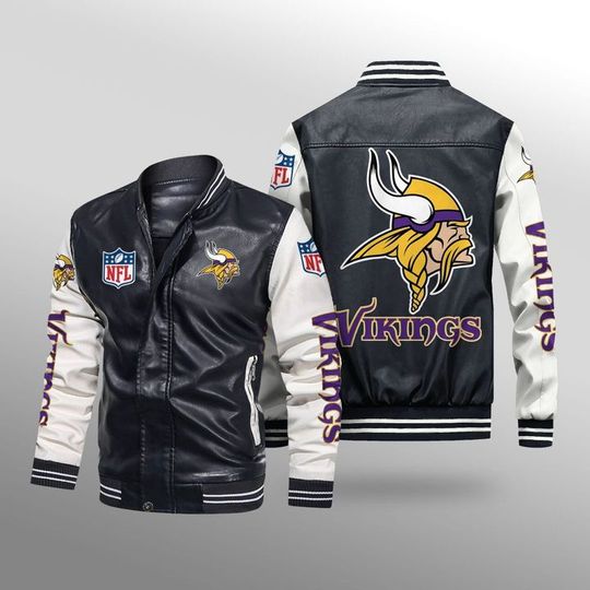 Discover football Minnesota Vikings Black White Leather Bomber Jacket