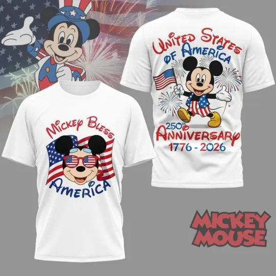 Discover Mickey Bless America 250th Anniversary 1776-2026 4th Of July Tshirt 3D Printed