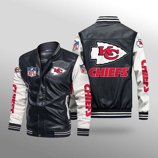 Discover football Kansas City Chiefs Black White Leather Bomber Jacket