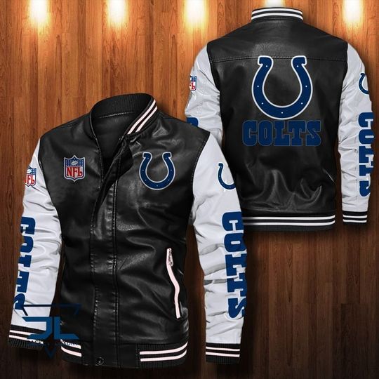 Discover football Indianapolis Colts Black White Leather Bomber Jacket