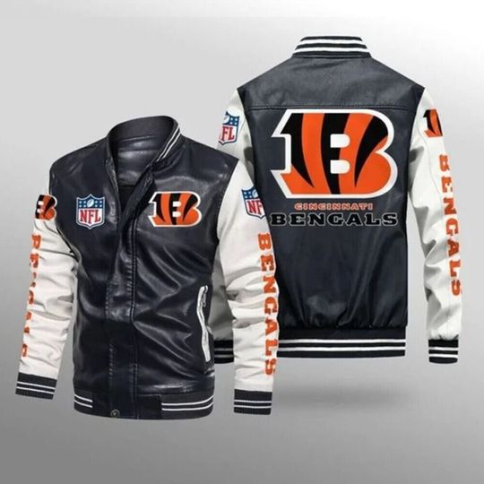 Discover football Cincinnati Bengals Black White Leather Bomber Jacket