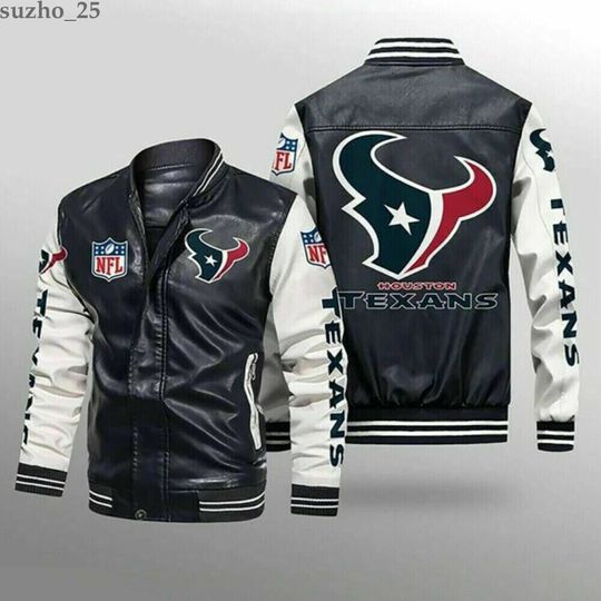 Discover football Houston Texans Black White Leather Bomber Jacket