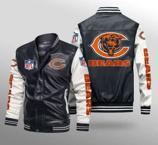 Discover football Chicago Bears Black White Leather Bomber Jacket