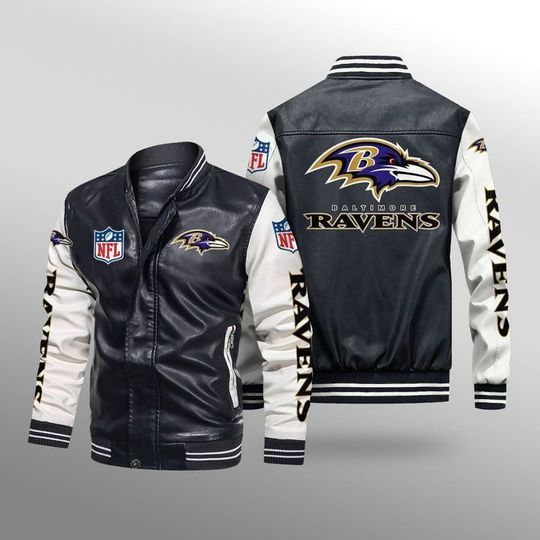 Discover football Baltimore Ravens Black White Leather Bomber Jacket