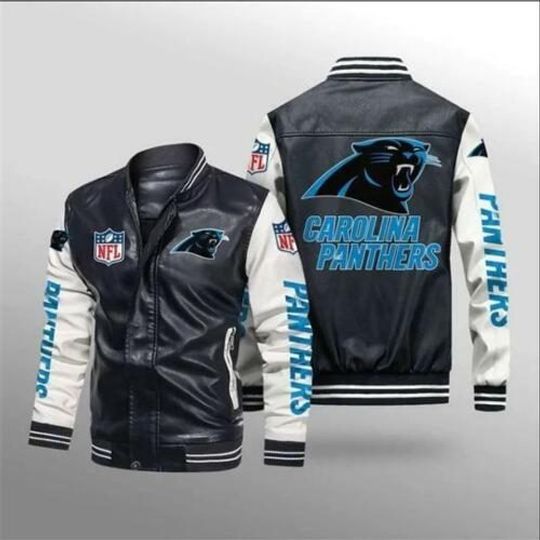Discover football Carolina Panthers Black White Leather Bomber Jacket