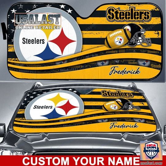 Discover football Pittsburgh Steeler Custom Name American Flag Car Sunshade