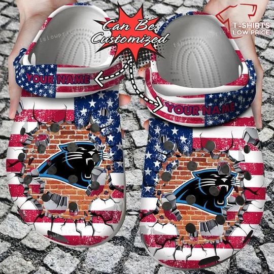 Discover football Carolina Panthers Custom Name USA Flag Breaking Wall Clogs