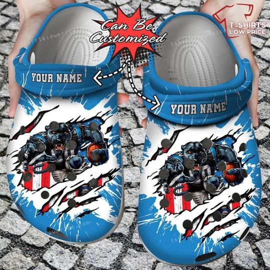 Discover football Carolina Panthers Custom Name Mascot Ripped Flag Clogs