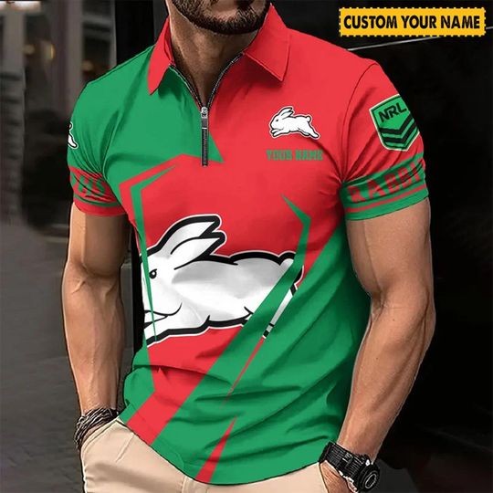 NRL South Sydney Rabbitohs Custom Name Special Edition Zipper Polo Shirt