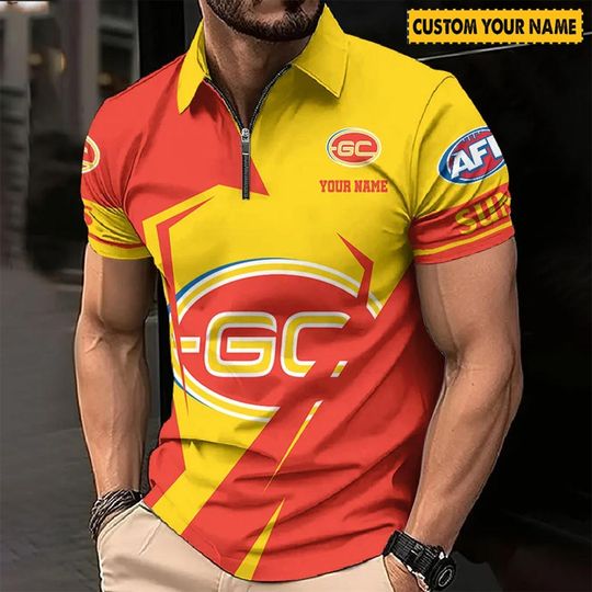 Discover AFL Gold Coast Suns Custom Name Special Edition Zipper Polo Shirt