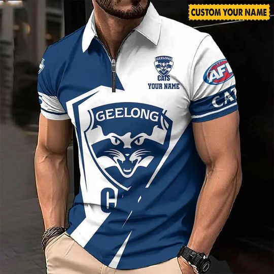 Discover AFL Geelong Cats Custom Name Special Edition Zipper Polo Shirt