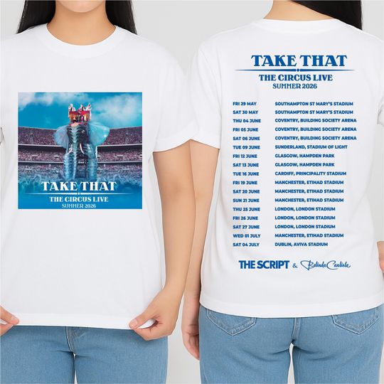 Discover Take That The Circus Live Tour 2026 T Shirt, UK Stadium Tour Dates Front Back Double Sided Print Shirt, Summer Concert Tee