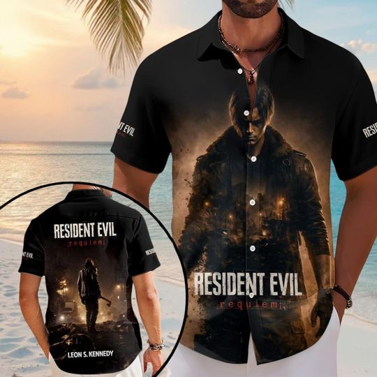 Resident Evil Requiem Hawaiian Shirt, Leon Kennedy Button Shirt, RE Character Fan Gift, Horror Game Shirt