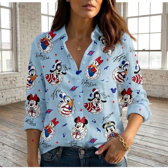 Discover Disney Nautical Blouse Shirt, Mickey Minnie Donald Cruise Women Shirt, Disney Cruise Character Casual Shirt, Cruise Vacation Shirt For Her