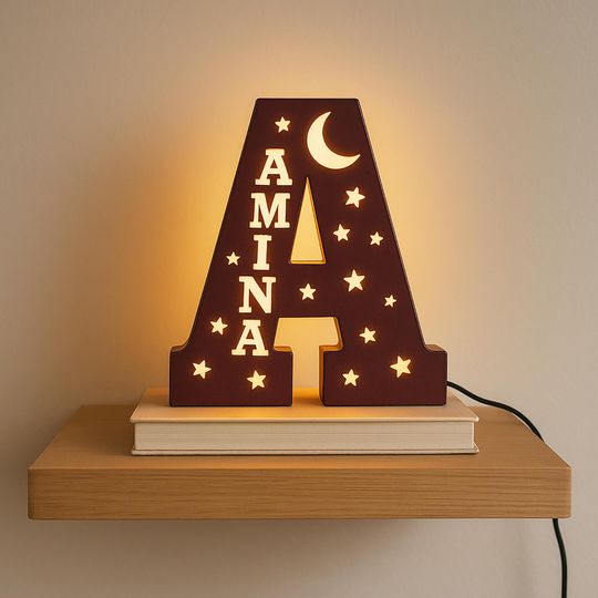 Discover Personalized Wooden Night Light  Custom LED Nursery Lamp with Name and Initial