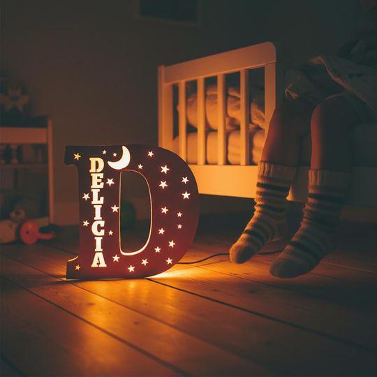 Discover Dimmable Plug-in Night Light  Personalized Wooden LED Lamp with Name Initial for Kids Room