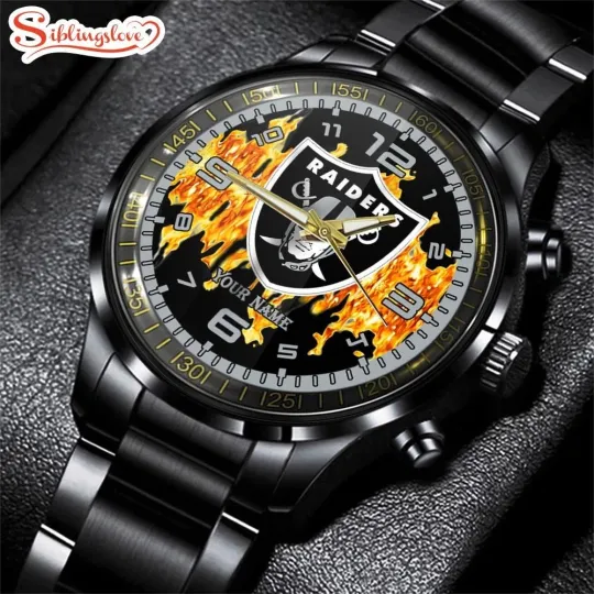 Discover Custom Name Las Vegas City Team Raiderss 3D Men Black Stainless Steel Watch Gift