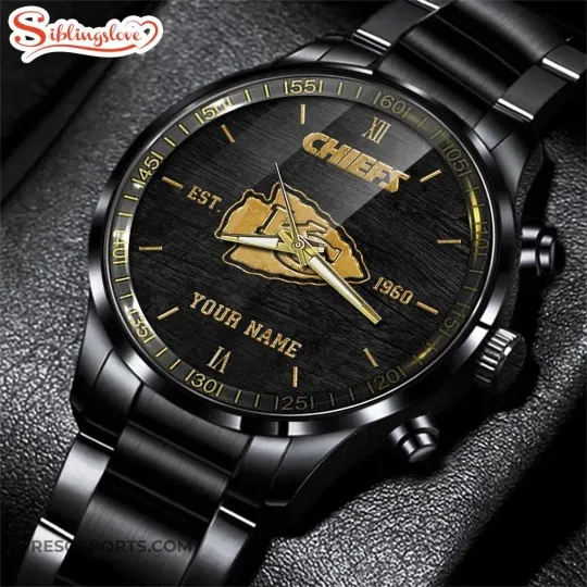Discover Custom Name Kansas City Football Team Chiefss 3D Men Black Stainless Steel Watch
