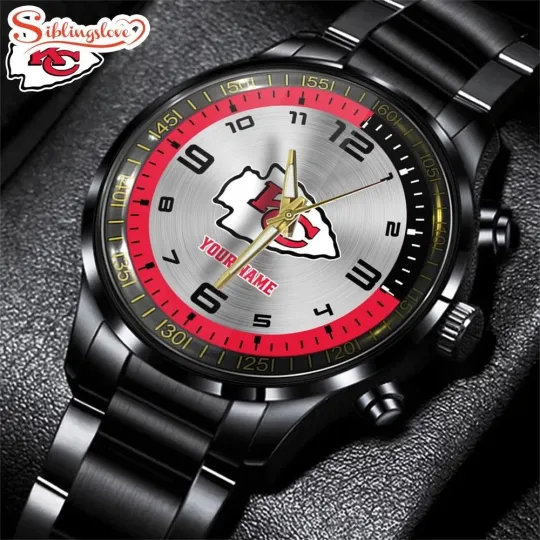 Discover Custom Name Kansas City Football Team Chiefss Black Stainless Steel Watch Gifts