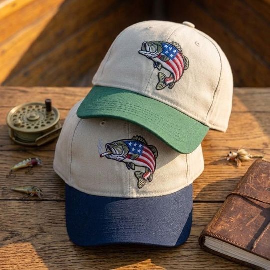 Largemouth Bass Fishing Hat with US Flag, Embroidered Fishing Gift for Men, Retro Bass Fish Cap, American Pride Apparel, Structured Dad Hat