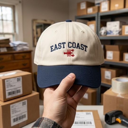East Coast Lobster Embroidered Hat, Cape Cod Boston Hamptons Cap, Coastal Nautical Gift, Two Tone Baseball Hat