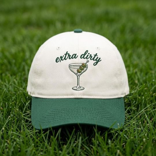 Extra Dirty Martini Embroidered Hat, Cocktail Lover Gift, Two Tone Beige Baseball Cap, Happy Hour Headwear