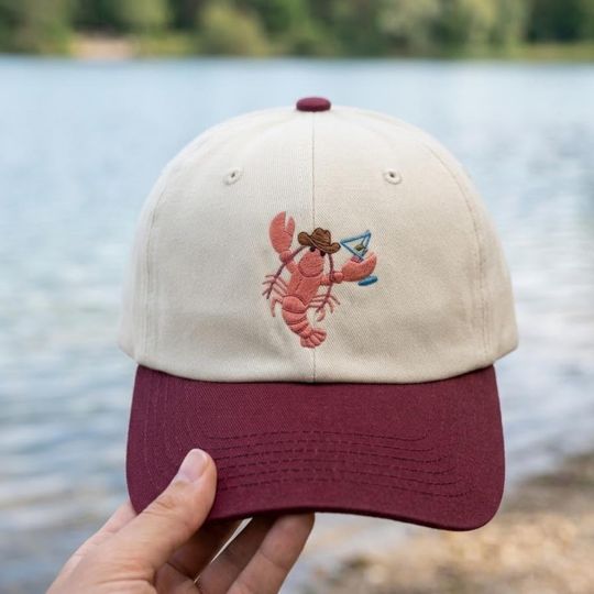 Embroidered Martini Lobster Two Tone Baseball Cap, Amalfi Coast Italian Summer Hat, Western Coastal Headwear, Cocktail Lover Gift