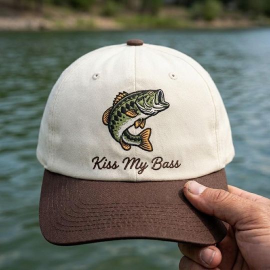 Funny Fishing Cap, Kiss My Bass Embroidered Hat, Two Tone Baseball Cap, Gift for Fisherman, Retro Outdoor Accessory