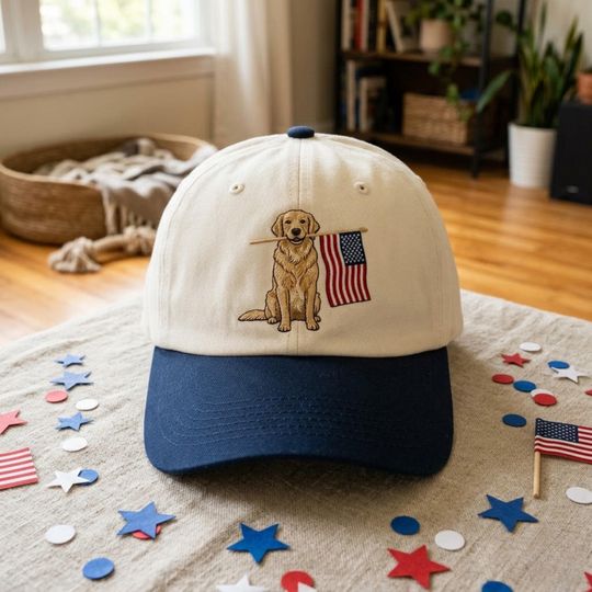 Golden Retriever USA Flag Hat  Personalized Embroidered Dog Dad Cap with Custom Name   Baseball 2 tone Cap for Pet Lovers Gift