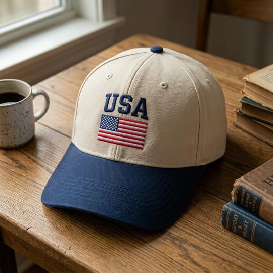 Embroidered USA Flag Baseball Hat, Patriotic Two Tone Hat